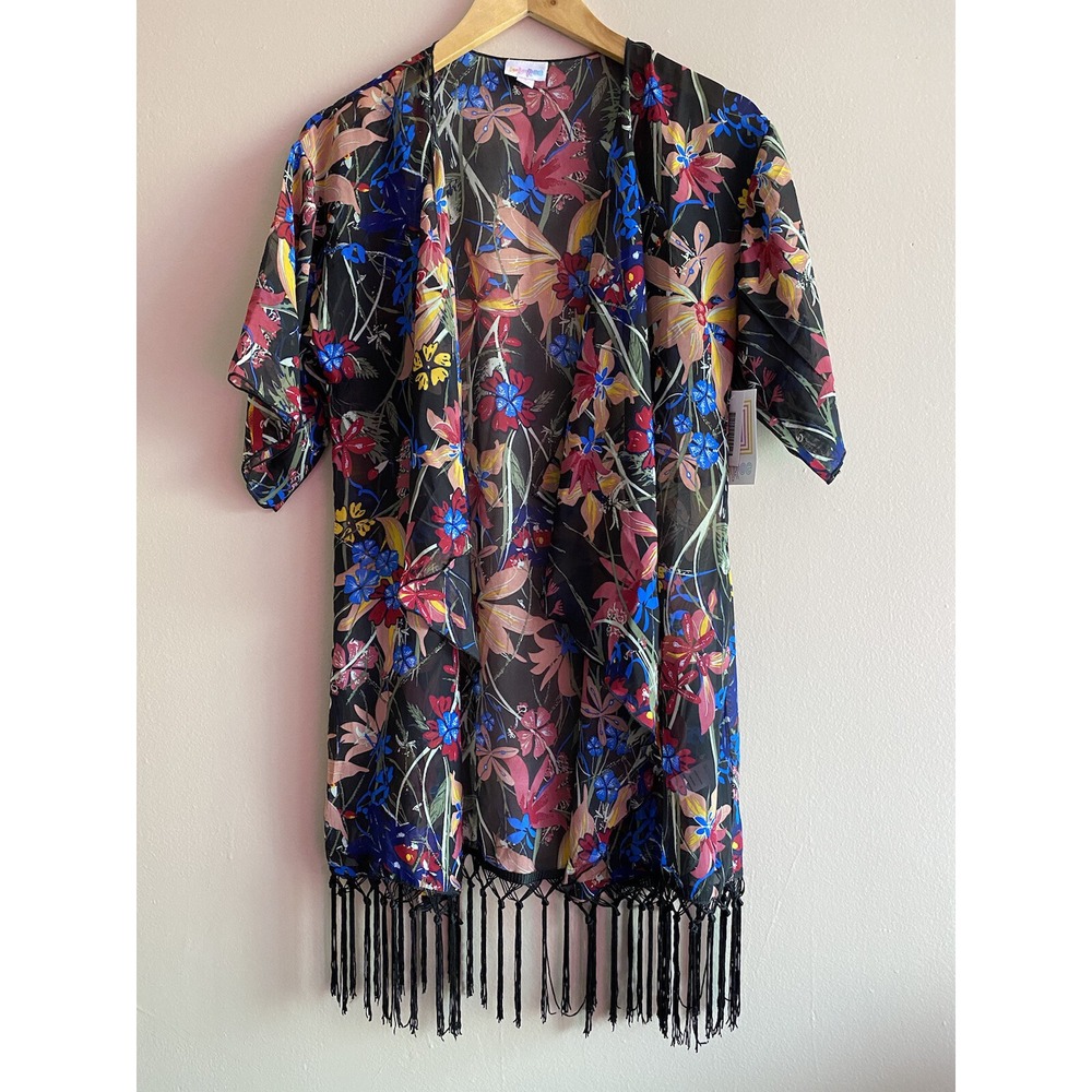 LuLaRoe Womens Shirley Kimono Black Boho Floral Sheer Fringe Cardigan Size S